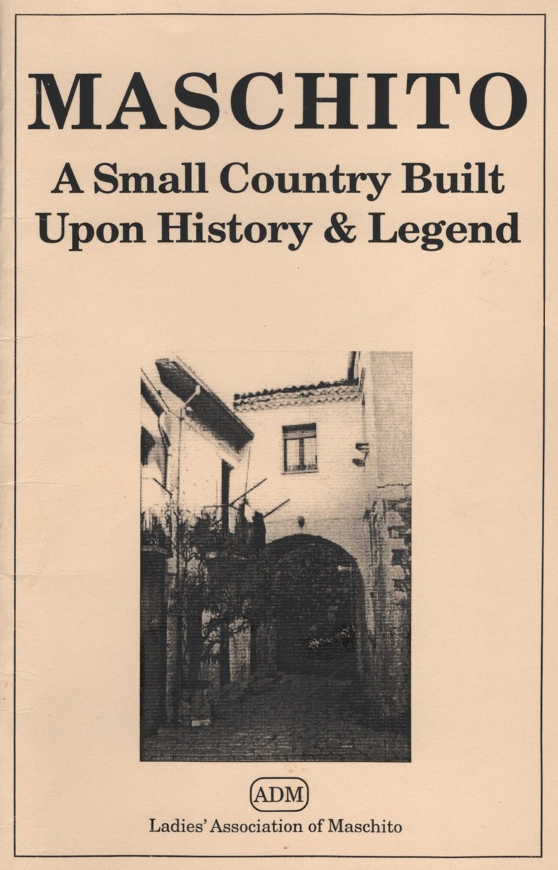 Peach-colored booklet cover reading Maschito, A Small Country Built Upon History and Legend, with a photograph of an arched passage between old houses and the ADM emblem of the Ladies' Association of Maschito