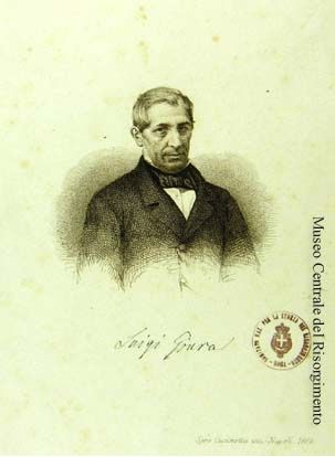 Engraved portrait of Luigi Giura, an older man in a dark coat and cravat, with his signature below