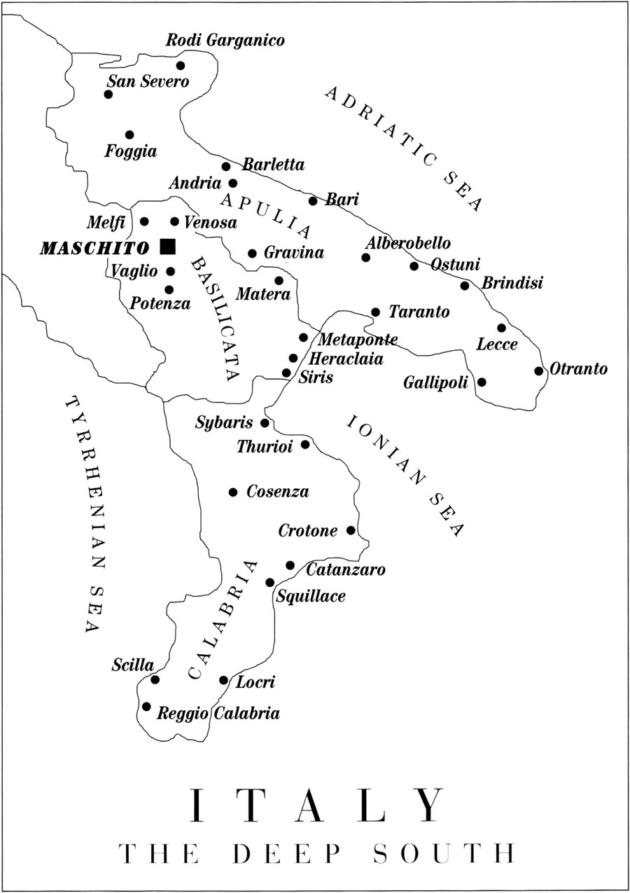 Map titled Italy, The Deep South, showing Maschito, Venosa, Potenza and the regions of Basilicata, Apulia and Calabria