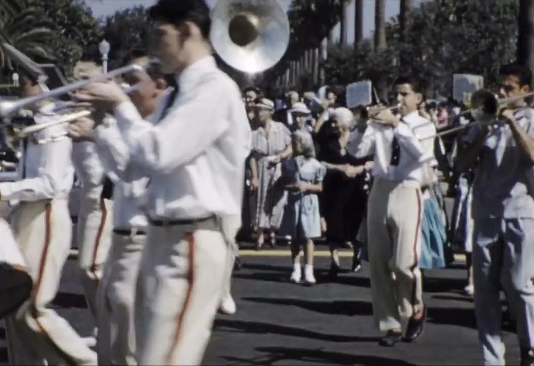 Band marching in the Saint Elia procession in Fresno, 1950s